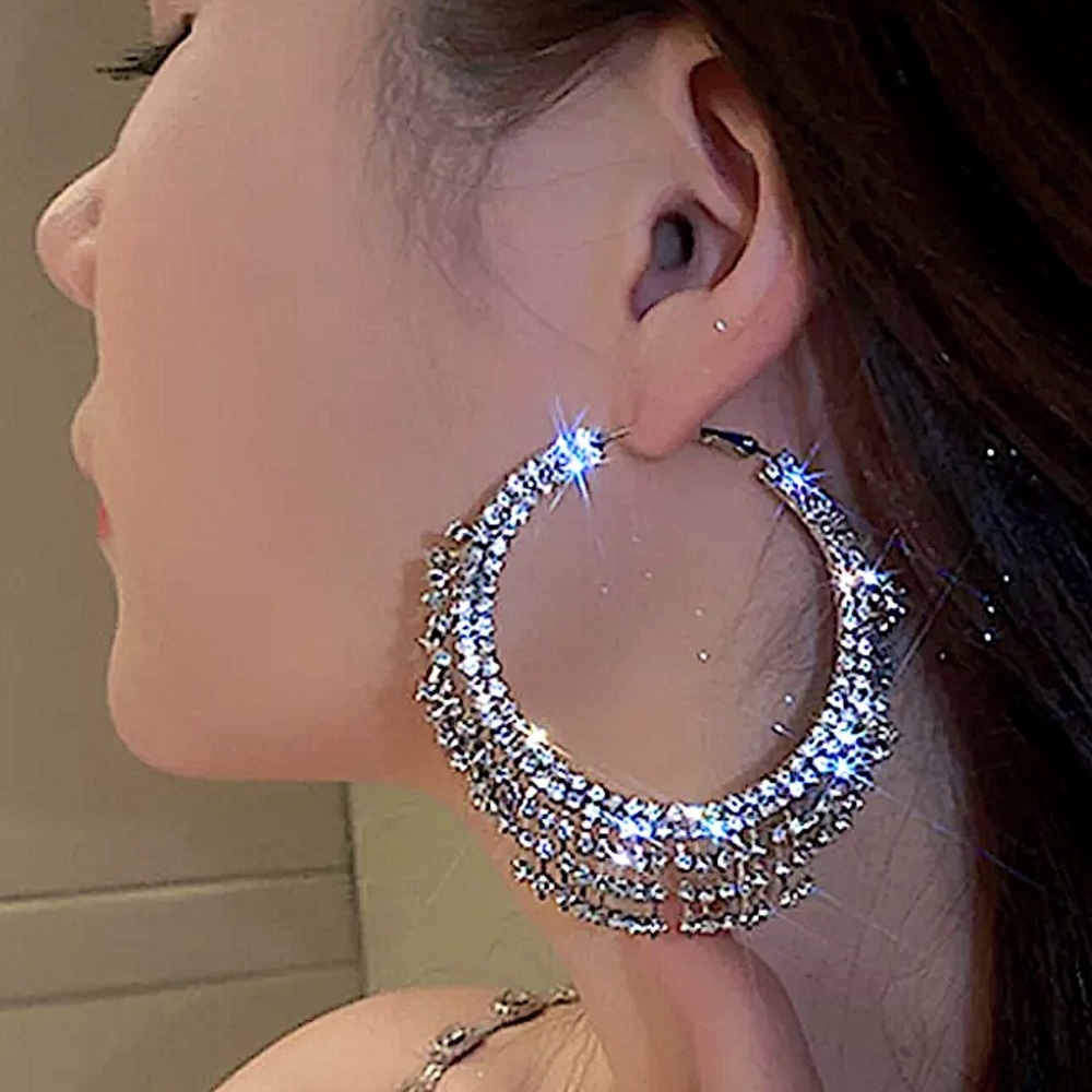 SILVER CRYSTAL TASSEL OVERSIZED HOOP EARRINGS - Picture 2 of 5